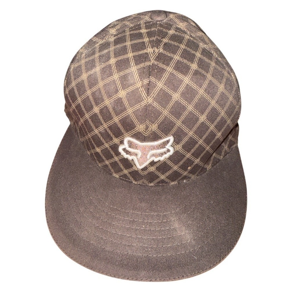 Fox Racing Baseball Cap Mens S/M Brown Plaid Stretch Fit Fox Head Logo hat moto